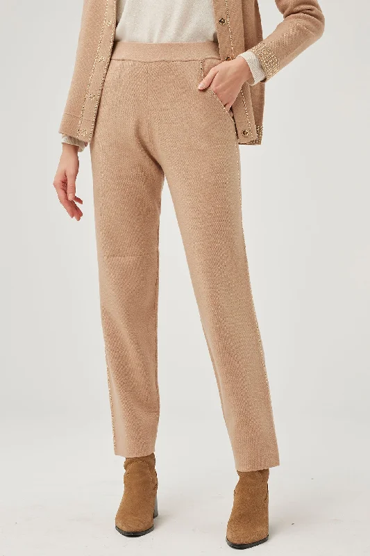 Leo & Ugo Trousers Knit Stud Detail Beige AWP464 Trousers Custom Made