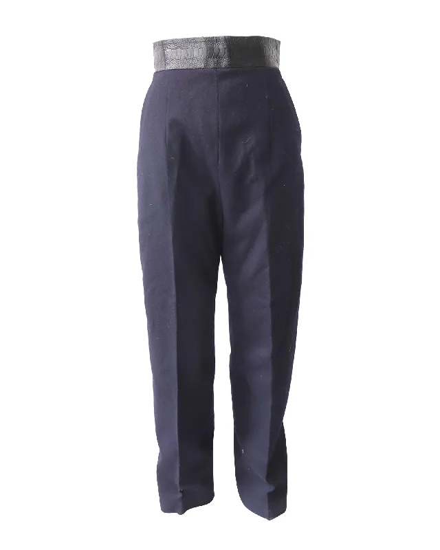 Tailored Navy Blue Trousers with Leather Trim Trousers fashionable chic