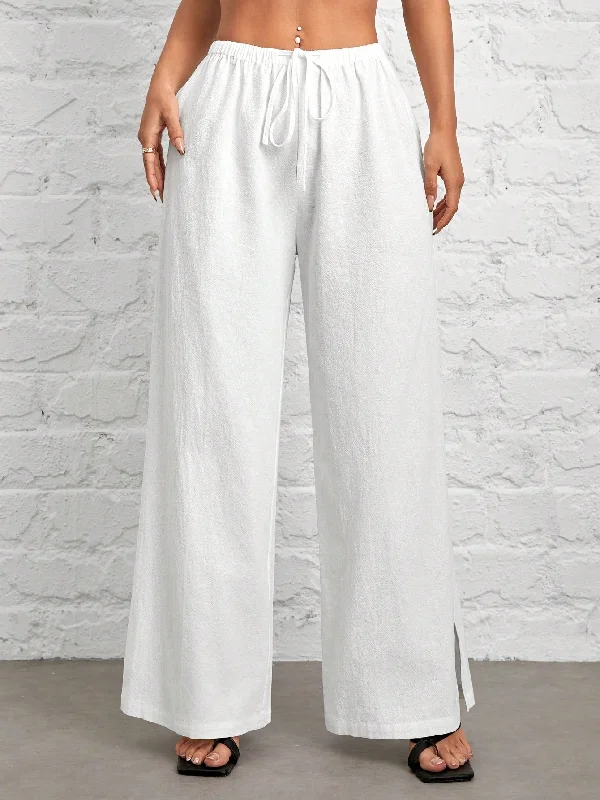PETITE Women'S White Woven Wide-Leg Trousers with Side Slits Trousers Palazzo Wide Leg PETITE Women'S White Woven Wide-Leg Trousers with Side Slits Trousers Palazzo Wide Leg