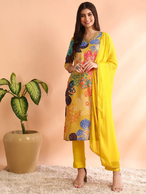 Women Yellow Cotton Blend Floral Printed Straight Kurta Trouser With Dupatta Trousers trendy modern Women Yellow Cotton Blend Floral Printed Straight Kurta Trouser With Dupatta Trousers trendy modern