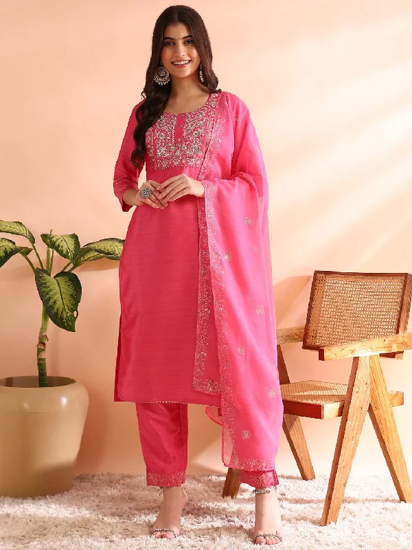 Women Pink Silk Blend Solid Embroidered Straight Kurta Trousers With Dupatta Trousers Review Highly Women Pink Silk Blend Solid Embroidered Straight Kurta Trousers With Dupatta Trousers Review Highly