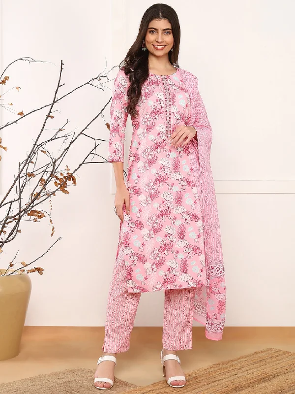 Women Pink Poly Rayon Floral Printed Straight Kurta Trouser With Dupatta Trousers Custom Made Women Pink Poly Rayon Floral Printed Straight Kurta Trouser With Dupatta Trousers Custom Made
