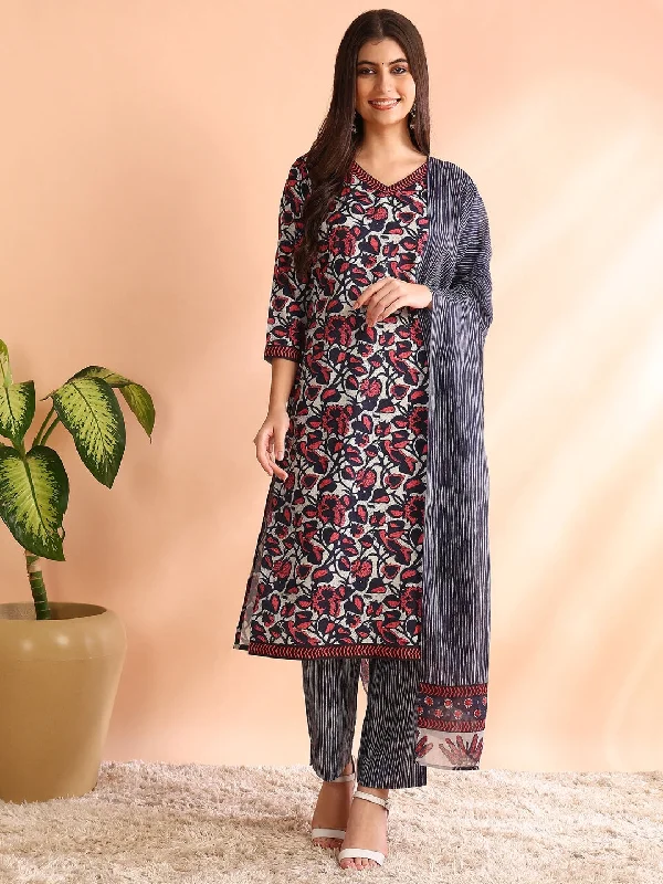 Women Grey Rayon Blend Floral Printed Straight Kurta Trouser With Dupatta Trousers Occasion Special Women Grey Rayon Blend Floral Printed Straight Kurta Trouser With Dupatta Trousers Occasion Special