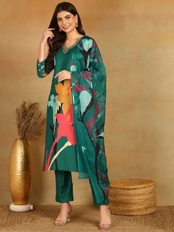 Women Green Silk Blend Floral Printed Straight Kurta Trousers With Dupatta Trousers Bestseller Popular Women Green Silk Blend Floral Printed Straight Kurta Trousers With Dupatta Trousers Bestseller Popular