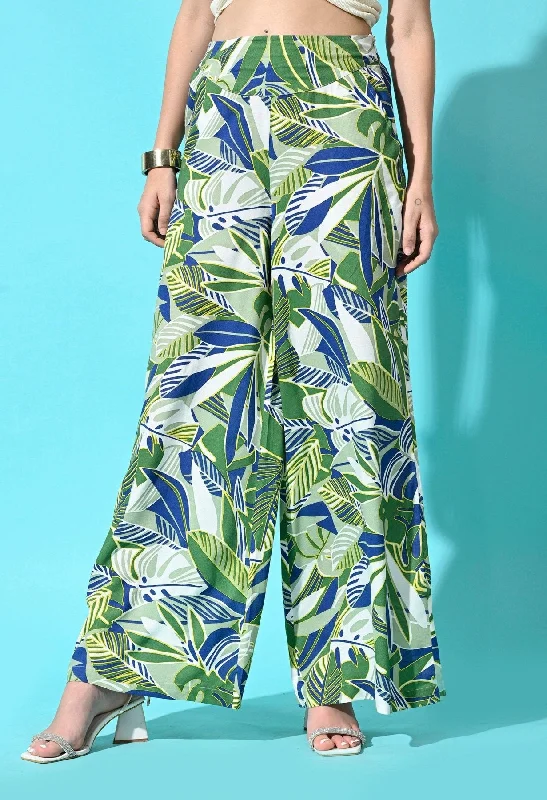 Rayon Printed Women Trouser - Leaf Print Green Trousers Pleated Formal