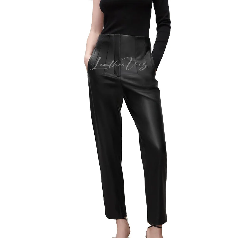 SEAMS DETAILING WOMEN LEATHER TROUSERS Trousers Sale Discount