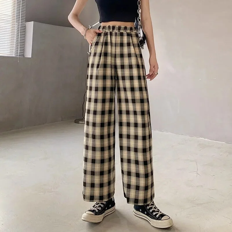 Simple Trousers Female Elastic Waist Retro Plaid Casual Long Women's Chinos Cotton Straight Leg Simple Trousers Female Elastic Waist Retro Plaid Casual Long Women's Chinos Cotton Straight Leg