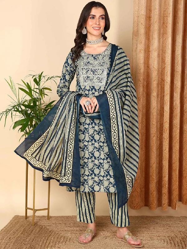 Women Navy Blue Rayon Blend Floral Embroidered Straight Kurta Trousers With Dupatta Trousers Modern Contemporary Women Navy Blue Rayon Blend Floral Embroidered Straight Kurta Trousers With Dupatta Trousers Modern Contemporary