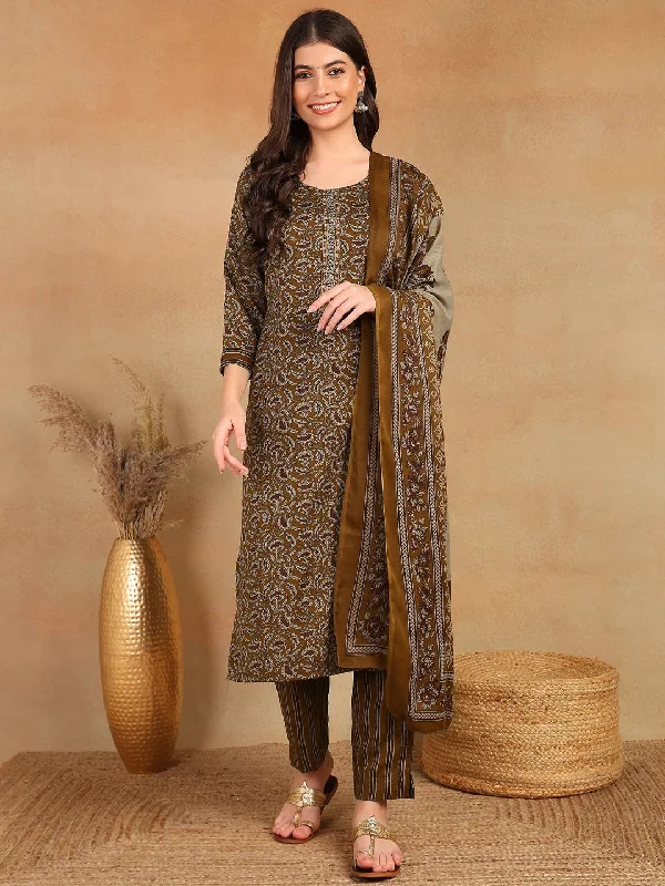 Women Brown Cotton Blend Ethnic Motifs Printed Straight Kurta Trouser With Dupatta Trousers Designer Luxury