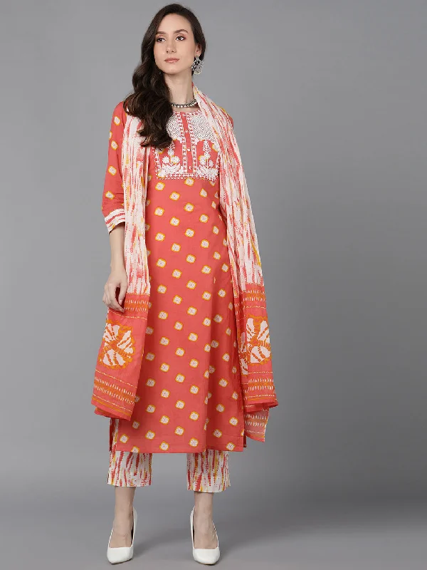 Women Orange Rayon Blend Bandhani Embroidered Straight Kurta Trousers With Dupatta Trousers Vintage Classic Women Orange Rayon Blend Bandhani Embroidered Straight Kurta Trousers With Dupatta Trousers Vintage Classic
