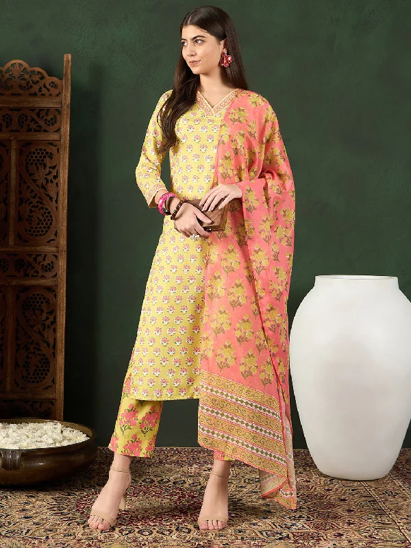 Women Yellow Rayon Blend Floral Printed Straight Kurta Trouser With Dupatta Trousers Winter Warm