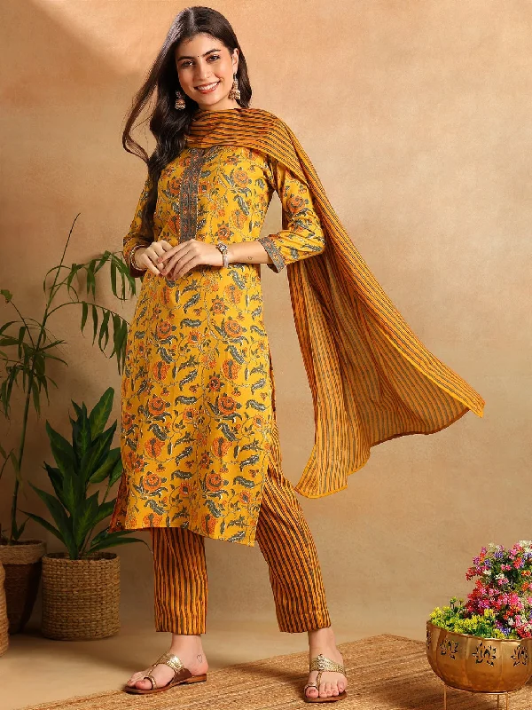Women Yellow Rayon Blend Floral Printed Straight Kurta Trousers With Dupatta Trousers Summer Linen
