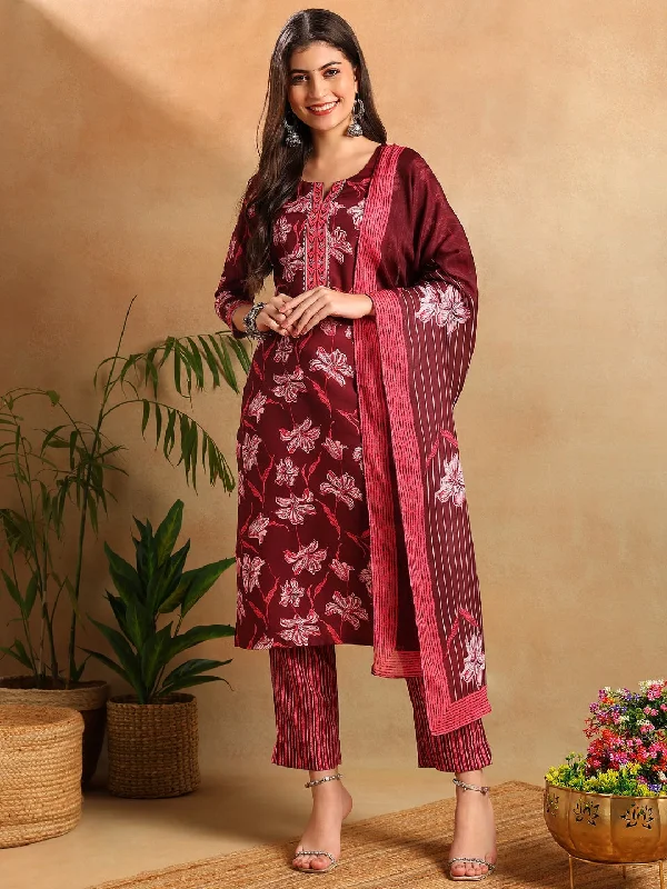 Women Maroon Rayon Blend Floral Printed Straight Kurta Trousers With Dupatta Trousers Plaid Checkered Women Maroon Rayon Blend Floral Printed Straight Kurta Trousers With Dupatta Trousers Plaid Checkered