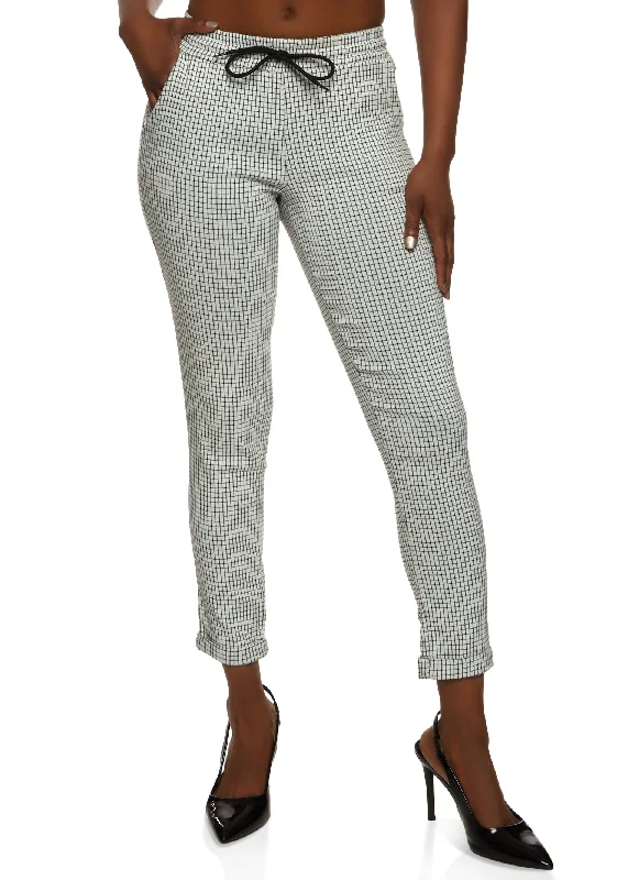 Windowpane Plaid Drawstring Dress Pants Trousers chic elegant