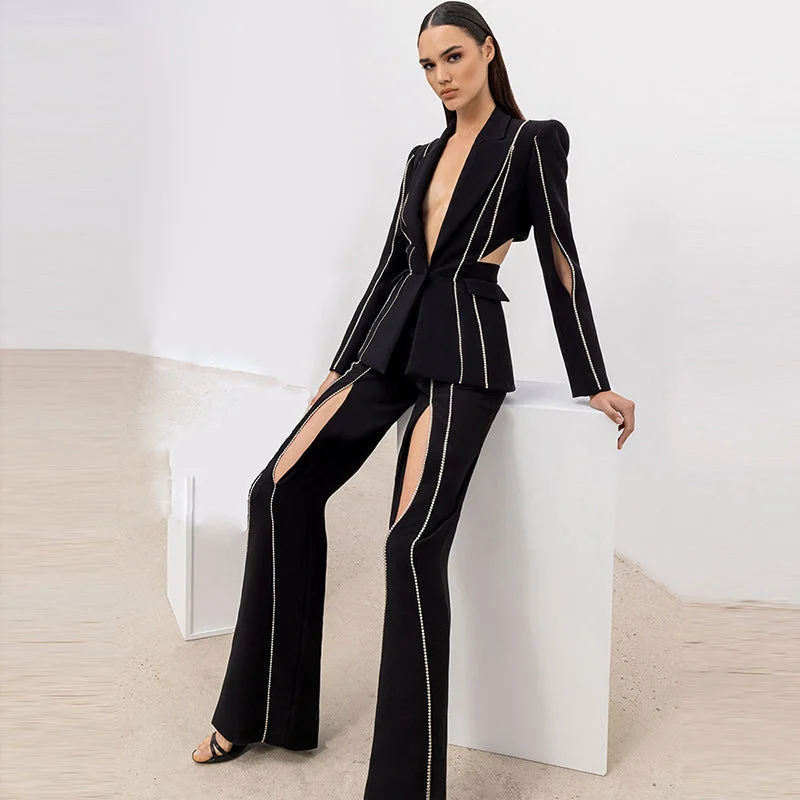 Star Studded Women's Fancy Pantsuit Drama | Suit Coat | Dressy Pantsuit | Two piece outfit set Trousers Elastic Waist Soft
