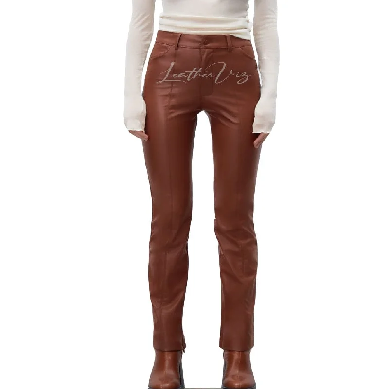 WOMEN CORPORATE STYLE LEATHER TROUSERS WITH ZIPPER HEM Trousers Exclusive Limited