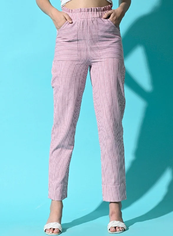 Women Cotton Stripe Regular Fit High Rise Trouser with Pocket - Pink Trousers Print Floral Women Cotton Stripe Regular Fit High Rise Trouser with Pocket - Pink Trousers Print Floral