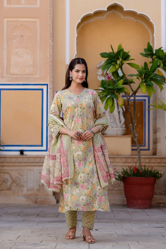 Women Green Printed Straight Kurta And Trouser With Dupatta Trousers Pleated Formal