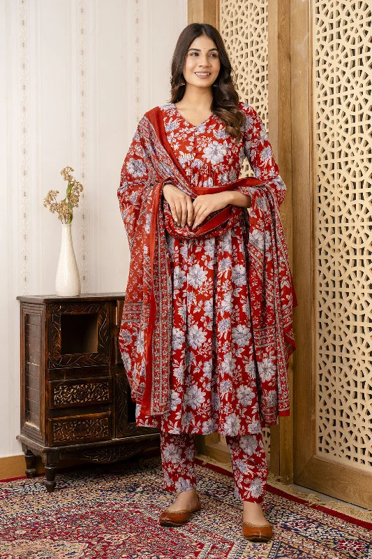 Women Maroon Floral Printed Anarkali Kurta And Trouser With Dupatta Trousers Palazzo Wide Leg Women Maroon Floral Printed Anarkali Kurta And Trouser With Dupatta Trousers Palazzo Wide Leg