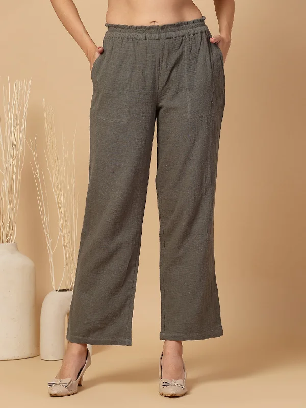 Women Regular Fit Elastic Waist Cotton Trouser for Casual Wear, Office Wear Trousers fashionable trendy