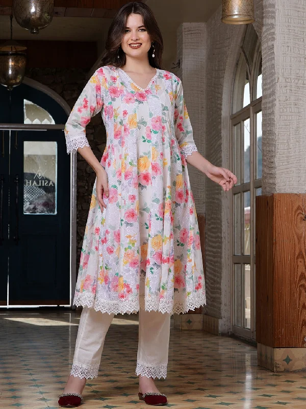 Women Floral Printed Panelled Pure Cotton Kurta With Trousers Trousers Evening Elegant Women Floral Printed Panelled Pure Cotton Kurta With Trousers Trousers Evening Elegant